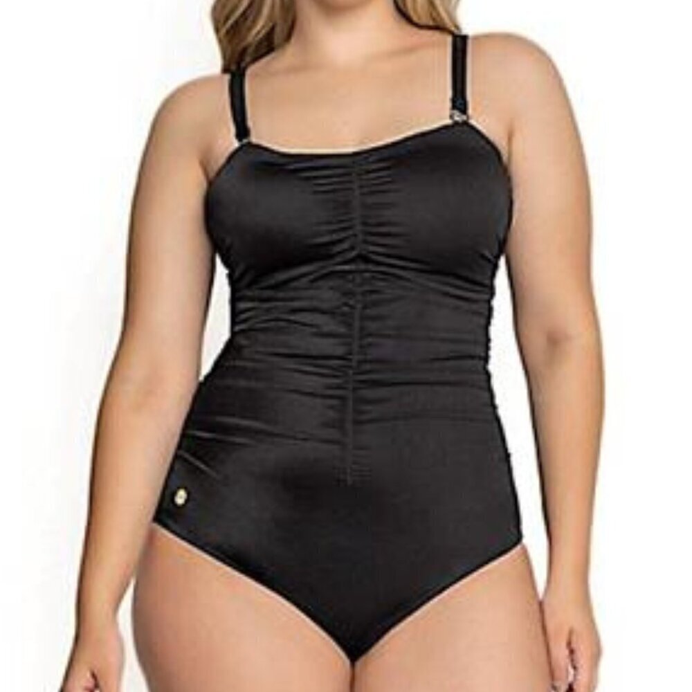 New! Leonisa Black Shirred Firm Compress One Piece Swimsuit 35149